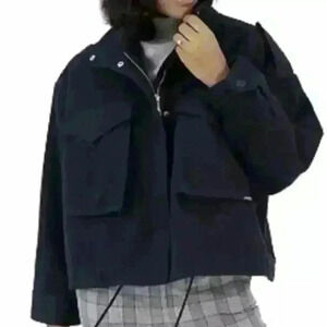 NINE WEST Navy Blue Fleece Bomber Utility Jacket Zip Up Stand up Collar  Sz. XL